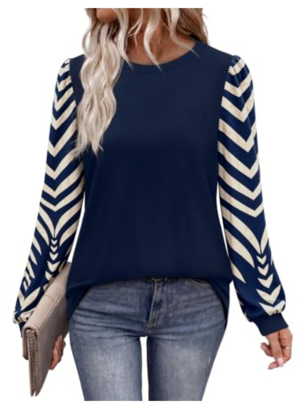 Long Sleeve Color Block Puff Sleeve Tunic Top Crew Neck Women's Casual